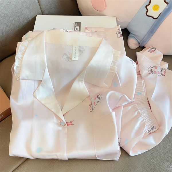 Frauen Nachtwäsche Sommer -Pyjama Frau Ice Seide Koreanische Version von Cartoon Pink Candy Lace Kurzärmel Shorts süßes Zuhause Kee