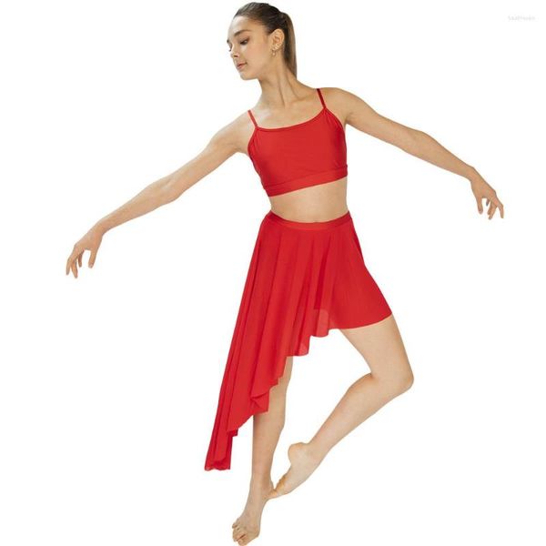 Indossare palcoscenici rossi camisole danza danza top top mesh mesh asimmetrici lunghe gonne performance set da ballo 13 colori per bambini dimensioni per adulti