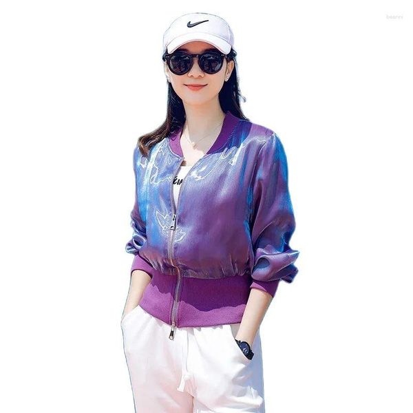 Jaquetas femininas Lce Silk Sun Protection Jacket feminino verão fino 2023 moda cintura malha costura de beisebol uniforme casual top