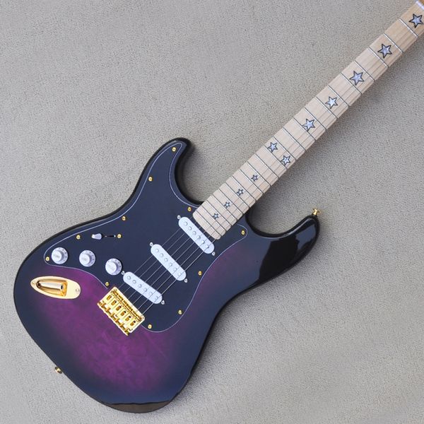 6 Saiten lila linke Hand -E -Gitarre mit gesteppten Ahornfurnier SSS -Abholungen Black Pickguard Anpassbar