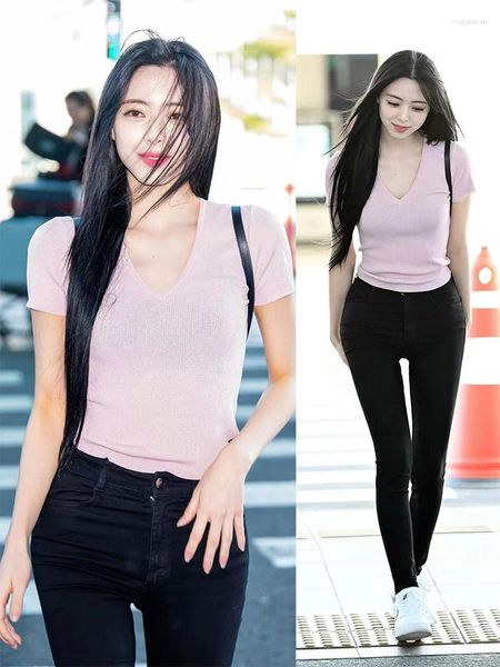 Kleidungsstücke Shen Youna Korean Star Same Style Pink V-Ausschnitt Kurzarm Strickwaren Frauen Sommer dünn 2023 Slim Fit Top