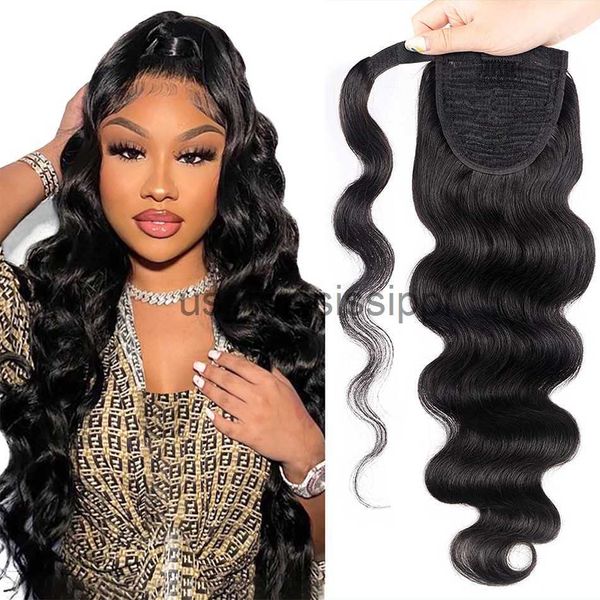 Perucas sintéticas rabo de cavalo enrolar -se em torno do corpo onda corporal Remy Hair 1624 polegadas Clip Ins Natural Color Wavy Hairpiece X0823