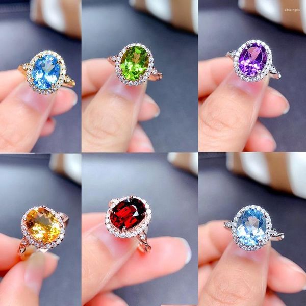 Alyanslar S925 Gümüş Moda Renk Takı Takliti Doğal Topaz Ametist Sarı Kristal Olivin Kırmızı Garnet Halka Nişan