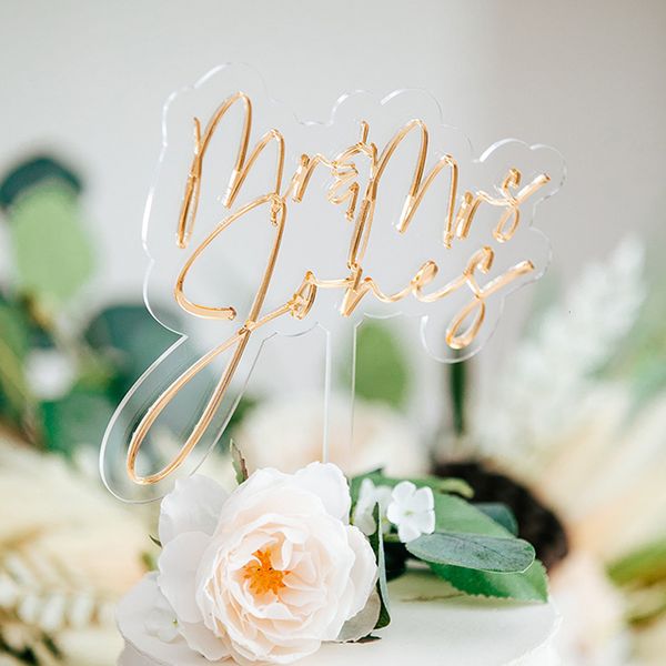 Andere Veranstaltungsparty liefert benutzerdefinierte Acrylkuchen -Toper Hochzeit Braut und Bräutigam Geschenke Personalisiertes Engagement Paar Gold Name Toppers Moderne Dekoration 230822