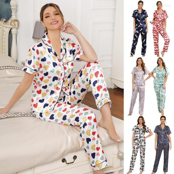 Frauen Nachtwäsche Frauen Pyjamas Set White Print Love Kurzarm Pijamas Anzug sexy Seidensatinhose Pyjama Pur Femme Loose Homewear