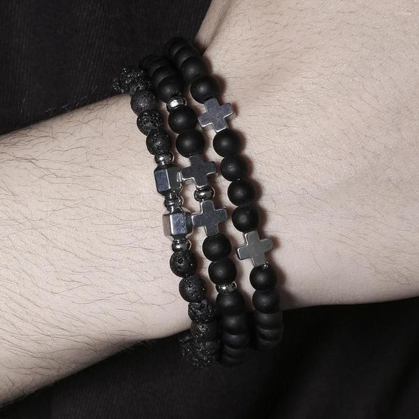 Очарование браслетов 3PCS/SET натуральный камень для женщин Мужчины Cool Black Matte Beadte Beadte Multlayer Par