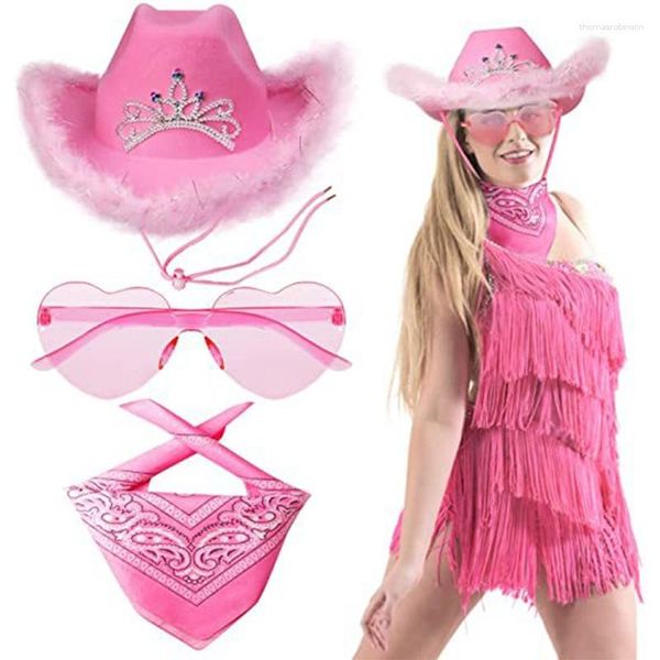 Berets F42F Pink Cowboyhut mit herzförmige Sonnenbrille und Cowgirl -Schleier für Mädchen Kleinkind