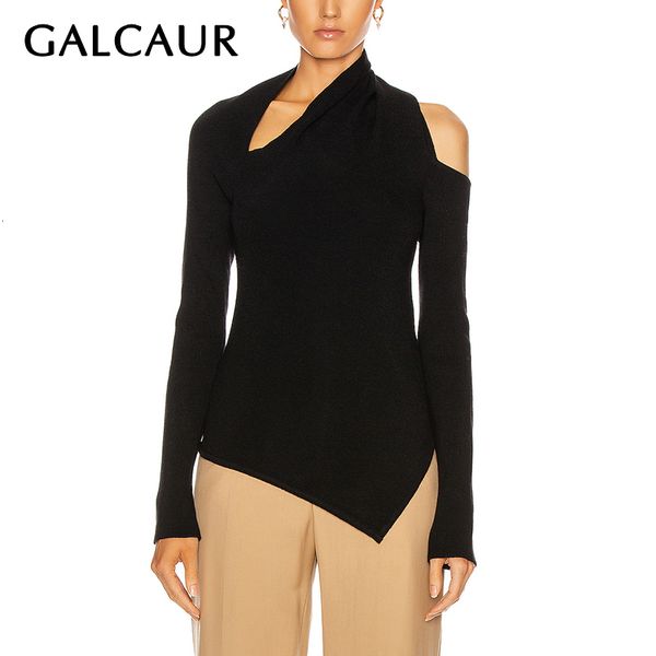 Женские свитера Galcaur Black Sweater для женщин нерегулярно воротнич