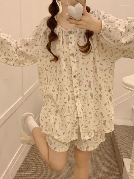 Abbigliamento da donna Sleep Sweet Print Shed Spring Pigiamas Set Women Cotton Kawaii Abito da casa a due pezzi Shorts Shorts Shorts Coneano Corea