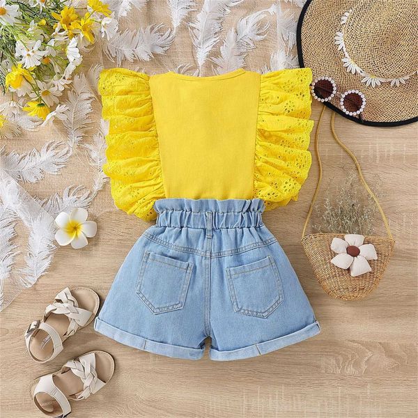 Kleidungssets Kinder Mädchen Kleidung Set Sommer Solide Baumwolle Rüschen Ärmellose Weste Jeans Shorts Kinder Kleidung Mädchen 7 8 9 10 Jahre