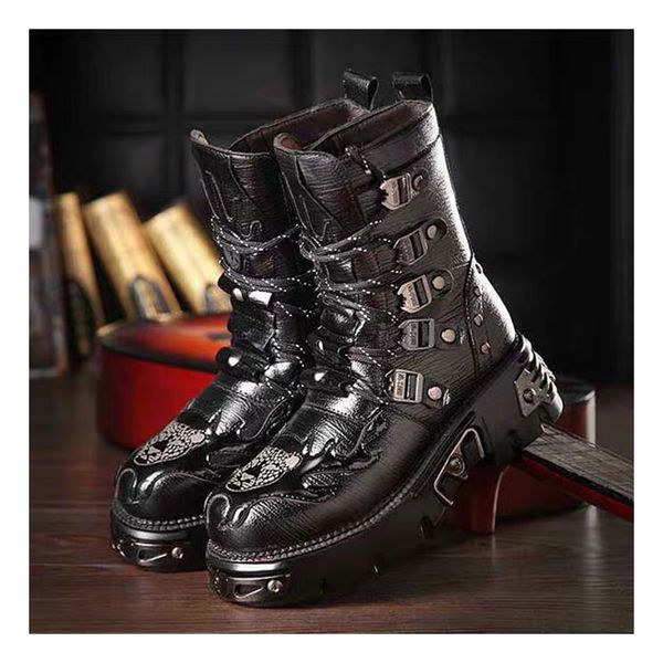 Botas Gótico Punk Mens Couro Plataforma de Motocicleta Borracha Preto Quente Mid Bezerro Combate Militar Fashion47 230823