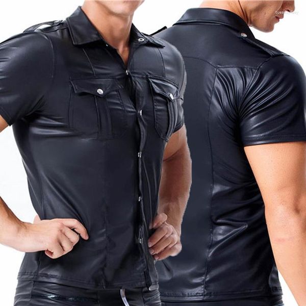 Herren T-Shirts 3xl Männer PU Leder T-Shirts Button Turn-Down-Kragen Kurzarm Latex Black Streetwear Party Clubwear Tops Tee Camisas