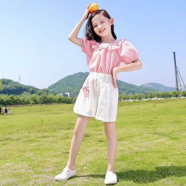 Kleidungssets Mädchen Kleidungssets Sommermode Kinder Schule Kurzarm Plaid T-Shirts Kurze Hosen 2PCS Kinderkleidung 8 10 14 Jahre