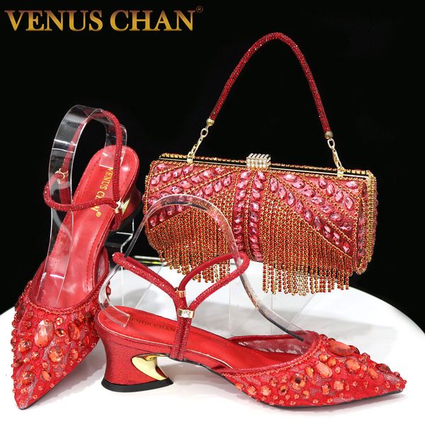 Scarpe eleganti Chan 2023 Nigeria Fashion Red Lace I Tassels Bag e Mid -Heel Punted Toe Luxury e per Lady Party 230823