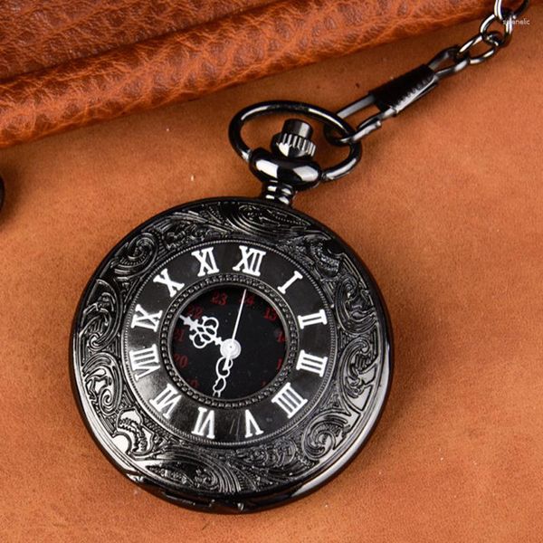 Relógios de bolso vintage preto escultura quartzo relógio para homens gravados case roman numeral Display Display FOB Chain Pinging Clock Man Gifts