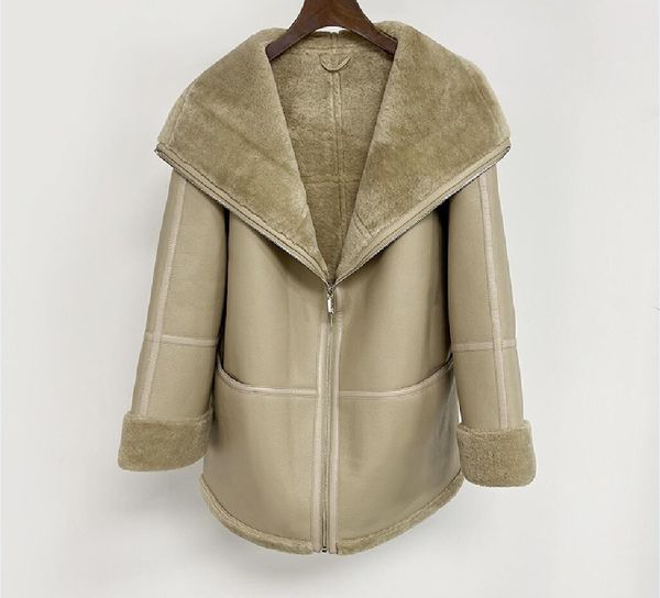 Shape Friendly2023- Couro outono e silhueta de inverno Tote grama com zíper de lã de lã de lã para casaco de casaco de pele integrada casaco de motocicleta