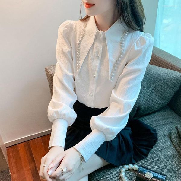 Frauenblusen Runway Mode Herbst Langarm Shirt Tops Elegante Frauen Single Breace Pearldiamond Office Olbluse White Lady Blusa