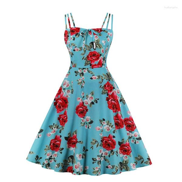 Lässige Kleider Sommer Vestido Plus Size 4xl Frauen sexy Spaghetti -Gurt Blume bedruckte Rockabilly Pin Up Skater Swing Kleid