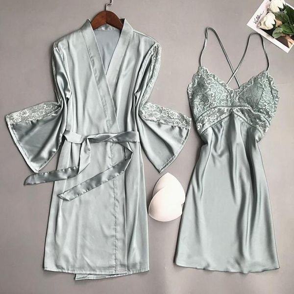 Robuste feminino Sexy Robe Conjunto de cetim 2pcs Robeira de banho Strap Nightgown Summer Lace Casual V Lingerie Kimono Vestido de banho