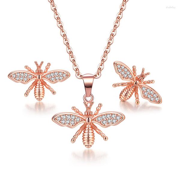 Halskette Ohrringe Set süßer Designer Bienenstil für Frauen Insekten Roségoldfarbe Ohrring Party Mode Jüdrrry Großhandel S510