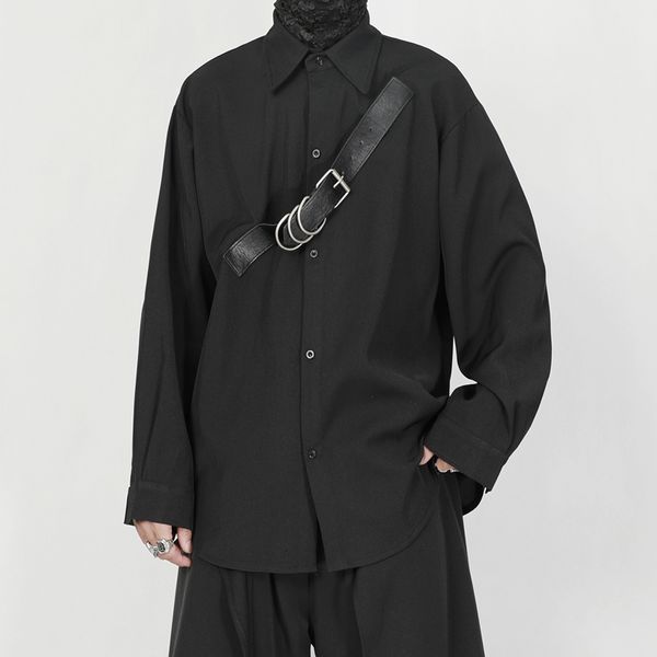 Camisas casuais masculinas Yamamoto ndnbf mola e outono design minoritário sentido painel de metal decoração de couro preto camisa de manga longa solta 230823