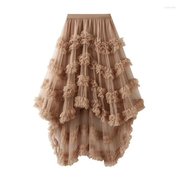 Signe Summer Women's Candy Color Elastic Waist Elastic Weliry Melfy Skirt Fluffy Irregolare Buffle Edge Cake A-Line