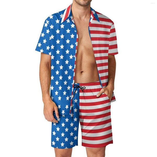 Erkeklerin Takipleri USA Flag Beach Suit 2 Parçası Koordinatlar Vintage Graphic Cool Boş Zaman Boyutu