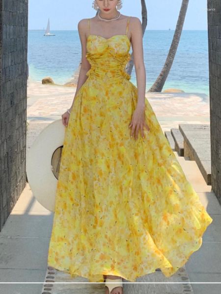 Vestidos casuais 2023 vestido de praia francês Mulheres elegantes impressão floral sem costas longas damas finas A-line Amarelo Boho Robe