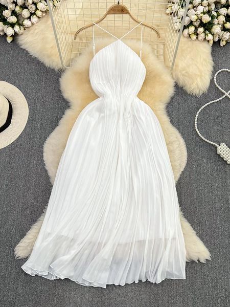 Lässige Kleider Strand Strand Sommer Hosenträger Rückenfreies weißes langes Kleid für Frauen 2023 Elegant Chiffon High Taille Slim A-Line Plissee Maxi