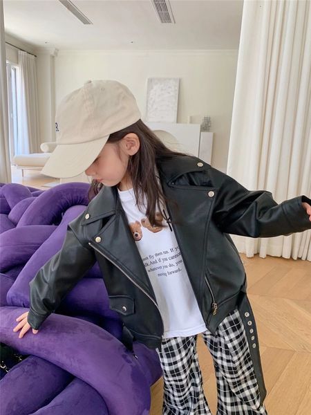 Jackets Autumn Girls PU Ledermodes schwarze Jacke Langarm Cool Baby Girl Marke Kindermantel Kinder Kleidung 230822