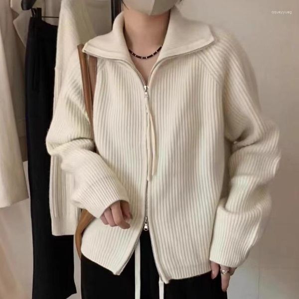 Camisolas femininas 2023 Autumn Winter Fashion Design Sense Standing Collar Cabeça Dupla Zipper casual Casual Casaco Mulheres Coréia