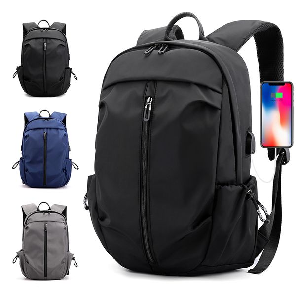 Schulbeutel USB -Rucksack Männer Nylon wasserdichte Reisetasche Einfacher purer Farbbackback Freizeit Fitness Männlich Sport schwarz grau 230823