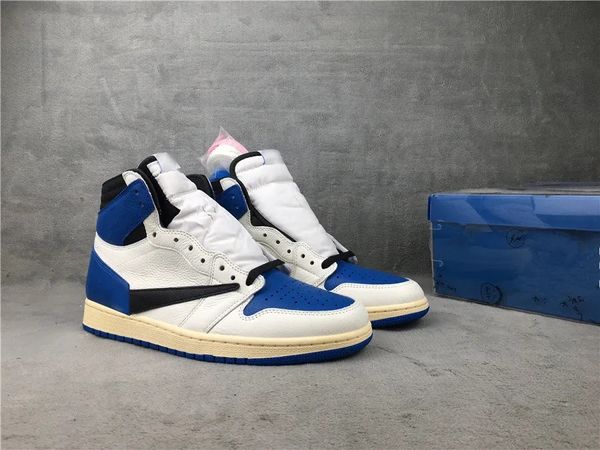 Sapatos de basquete Fragmentos x Jumpman 1s High OG SP Militar-Azul Colorway Tênis de couro genuíno com caixa de sapatos Entrega rápida