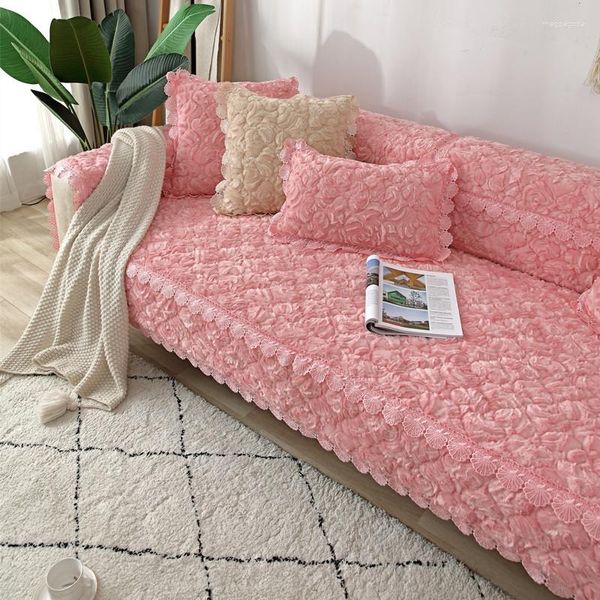 Stuhlabdeckungen moderne Rose Plüschsofa Abdeckung 5 Sitzer fest verdickter Ecke L Form Leder Couch Slipcover Spitze Sessel Möbelschutzschutz