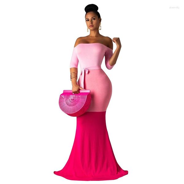 Vestidos de festa Adogirl Color Patchwork Dress Mulher Mulheres Elegantes Mangues da Manga De ombro BodyCon Maxi Robe Long vestidos