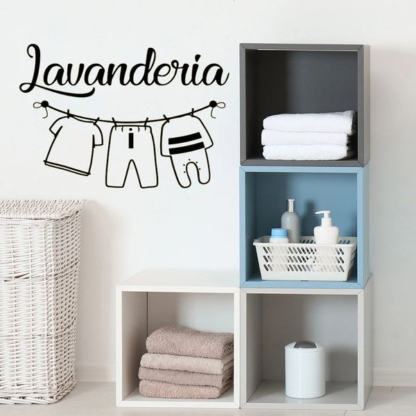 Adesivos de parede palavras italianas lavanderia adesivo panni stesi decals lavanderia decoração de lavanderia papel de parede removível à prova d'água 230822