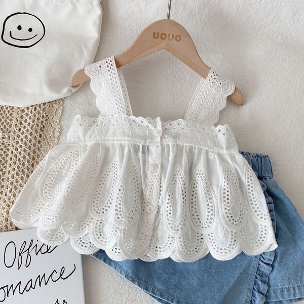Baby Girls Summer Outfit Weiße Hosenträger + Denim-Shorts zweiteilige stilvolle Sommeroutfit