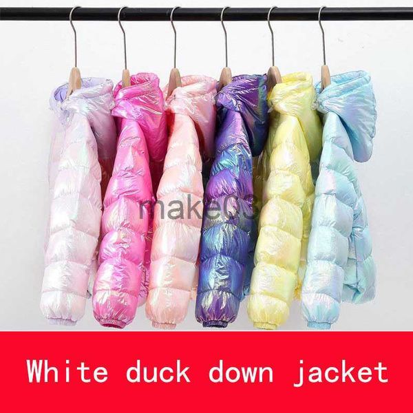 Down Baby Beyaz Ördek Down Ceket Erkekler ve Kızlar Sonbahar Kış Yeni Renkli Çocuklar Parlak Katlar İnce Bölüm Kapşonlu Dış Giyim J230823