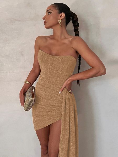 Vestidos casuais básicos Khaki Mini Strapless Dress 2023 Summer Black Bright Silk Corset Bodycon para mulheres Sexy Backless Evening Party Club Roupfits 230822