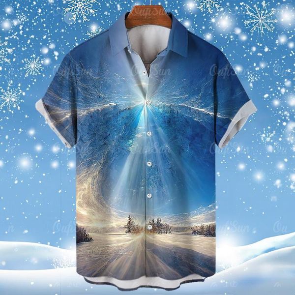 Camisas casuais masculinas 2023 Ins tendência de tendência Hawaiian Mens verão elementos de neve de gelo 3d praia de manga curta de lapela tops férias