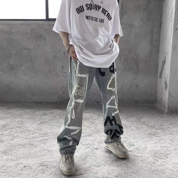 Männer S Jeans Cartoon Anime Sprühfarbe Graffiti Hand bemalt Männer und Frauen High Street Übergroße Lose Hip Hop Modehose 230823