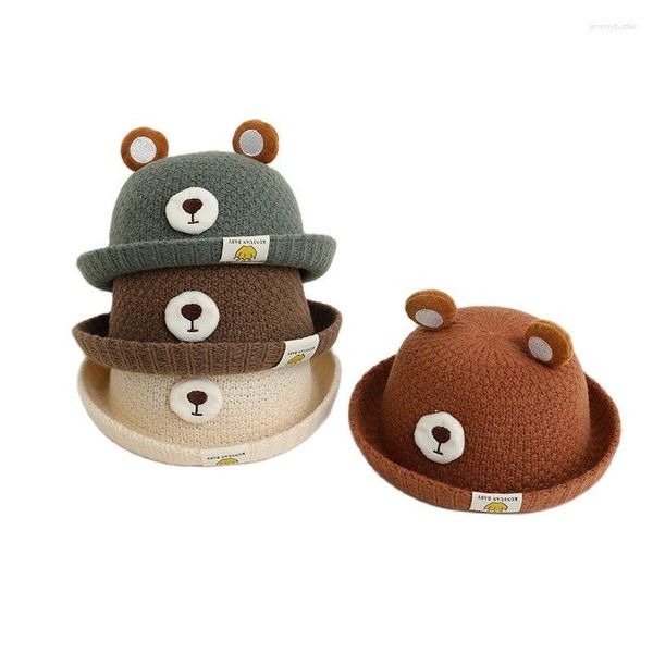 Berets doit осенний мальчик девочка девчонка ведро шляпы скрученные края медведь детская кепка вязаная тепло