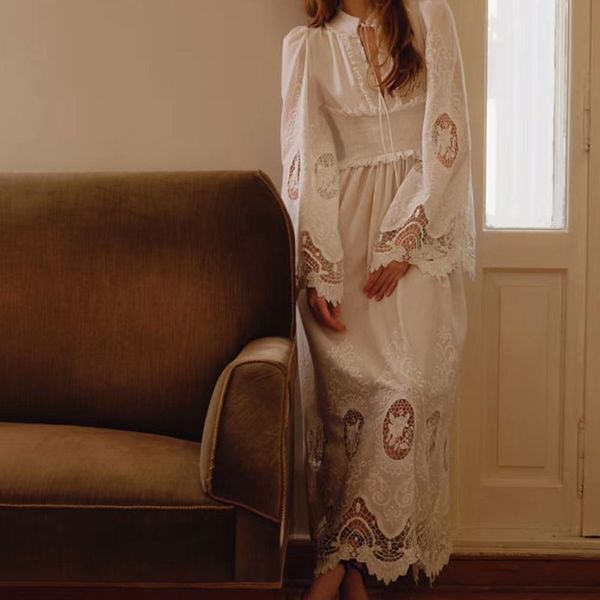 Francesa Longa Salia Longa Vestido de cintura alta 2023 Autumn Feminino Vintage Elegant Hollow Out Flare Sleeve Dress