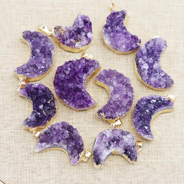 Colares pendentes de pedra natural minério de minério de ametista colar crescente lua purple cristal charme diy jóias artesanato acessórios por atacado 6pcs