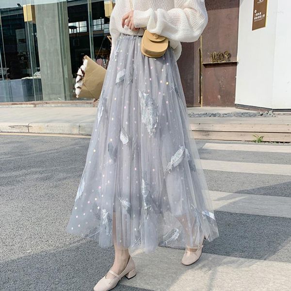 Gonne Tingyili Feather and Dot Gaming Gallia in maglia Principessa High Wit Grey Beige Pink White Tulle Long Maxi Women Women