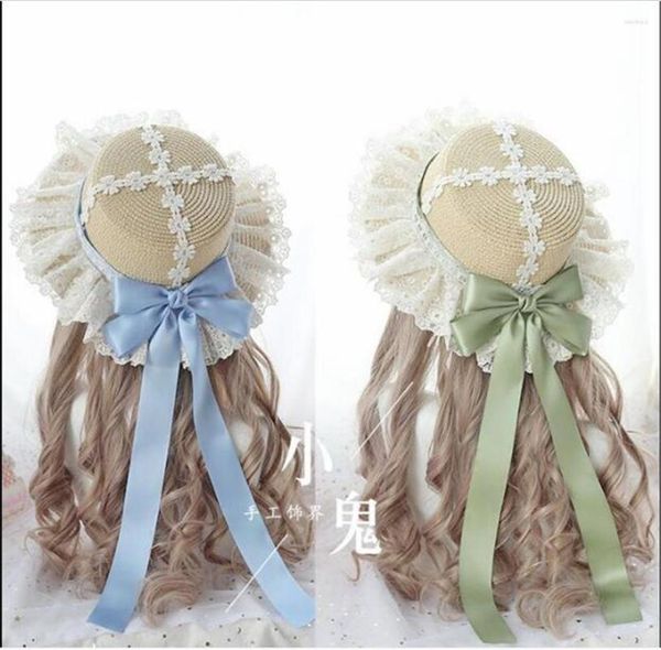 Partyzubehör Mori Mädchen Sommer Strohhüten Frauen Strand Sonnenhut Lolita Kawaii Prinzessin Spitzen Bogenband Frauen Kopfbedeckung B574