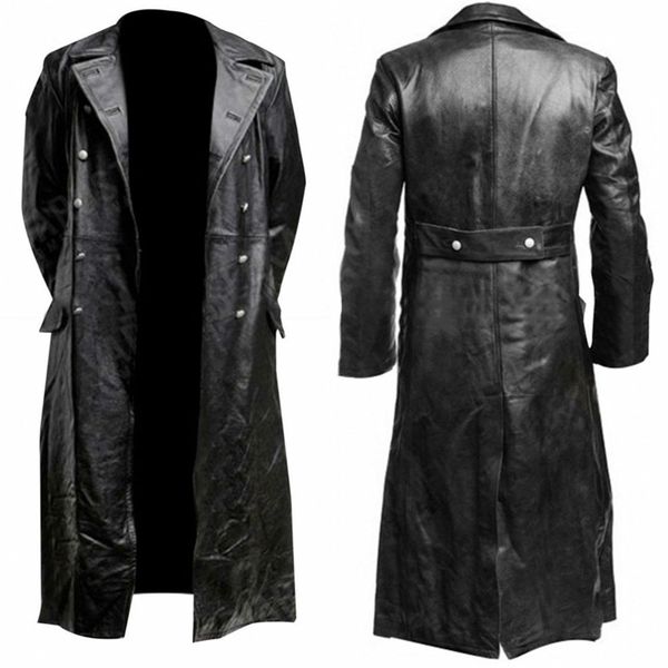 Erkekler Trençkotlar Erkekler Alman Klasik WW2 Askeri Üniforma Memur Siyah Gerçek Deri Trench Coat P230822