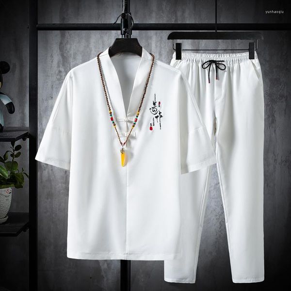 Мужские спортивные костюмы Рубашки для летнего китайского стиля эластичная талия наборы повседневной мужской модные брюки и рубашка Мужские размер M-5XL TZ16