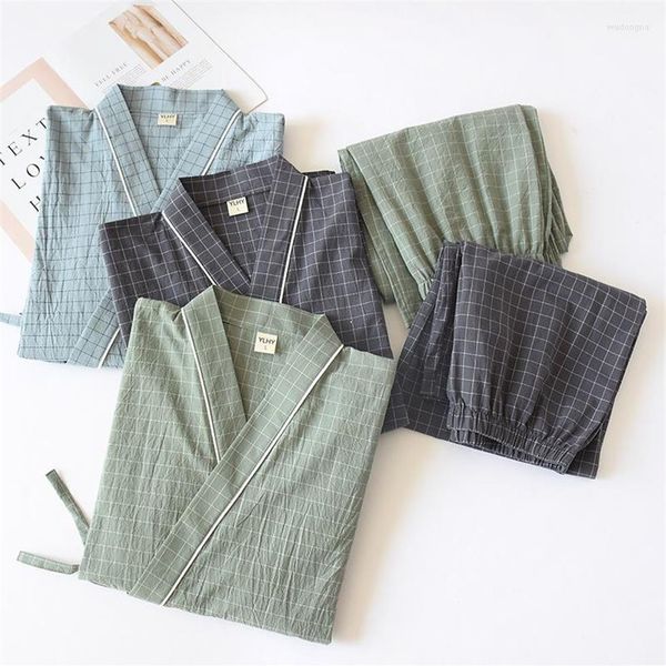 Men's Sleepwear Men Japonês Pijamas Japoneses Definir calças de túnica Kimono Haori Yukata Vestido mole de algodão Gaze Green Plaid Print185h