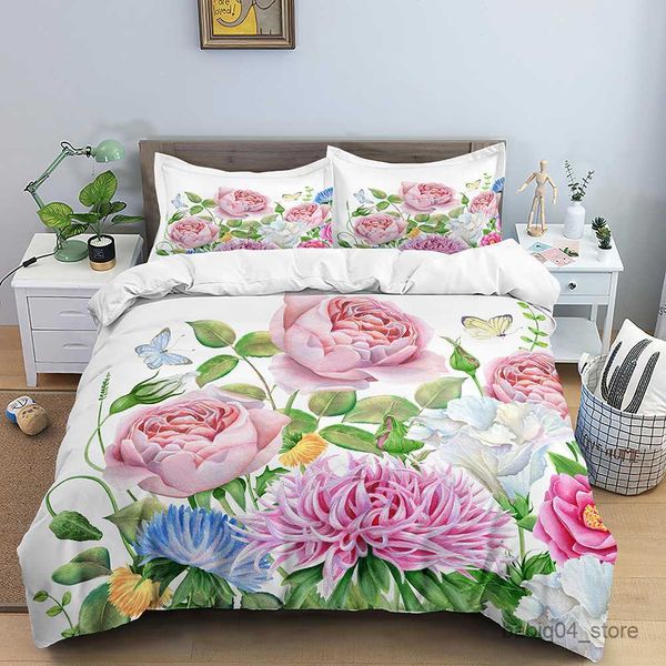 Conjuntos de cama flor 3d impresso capa edredão rosa flor lótus fresco decoração para casa conjuntos cama com caso 2/3 pçs colcha cobre r230901